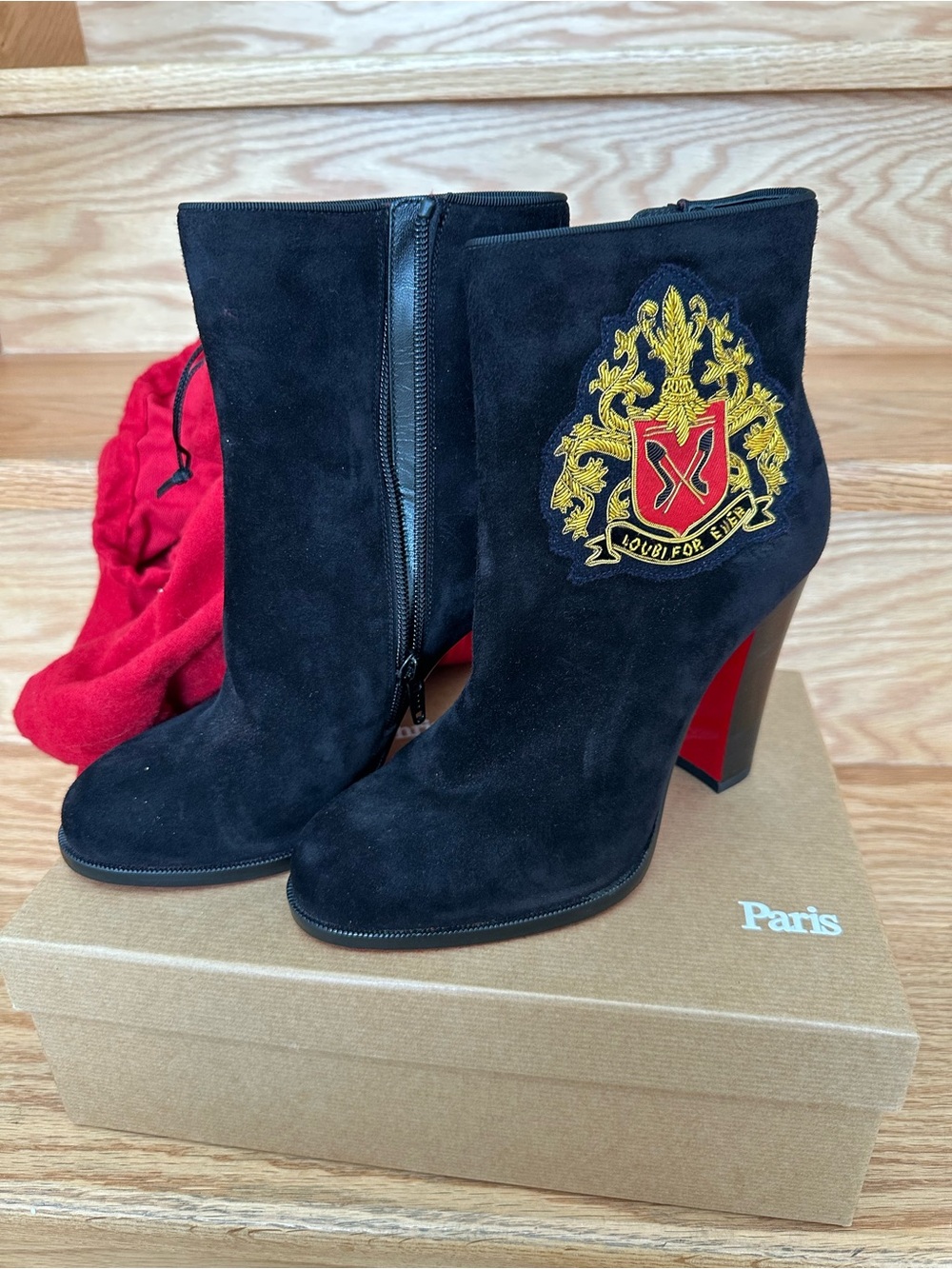 Christian Louboutin Black Suede Embroidered Crest Ankle Boots - Size 37